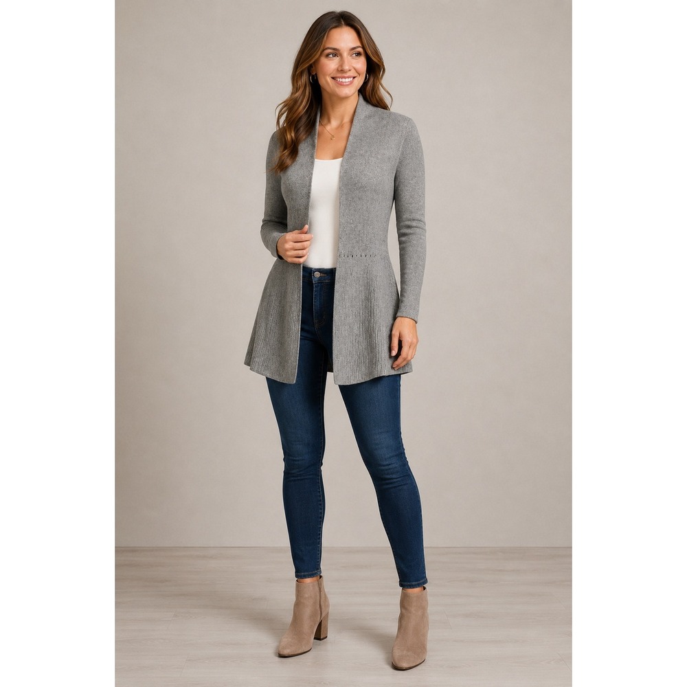 Elle Grey Peplum Open Front Cardigan Sweater M Soft Knit Layering Professional